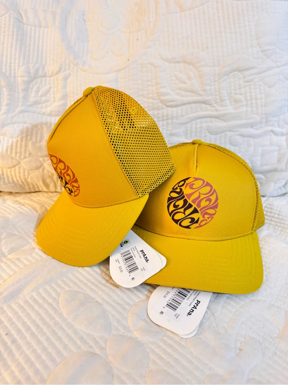Two-Prana Yellow Mesh Trucker Hat with Black Accent